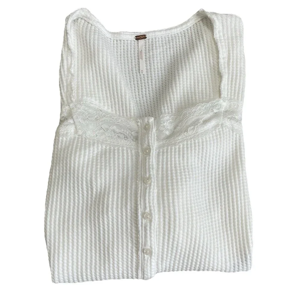 NWT Free People Women’s M Ivory Waffle Knit Lace Button Front Top Boho Coastal